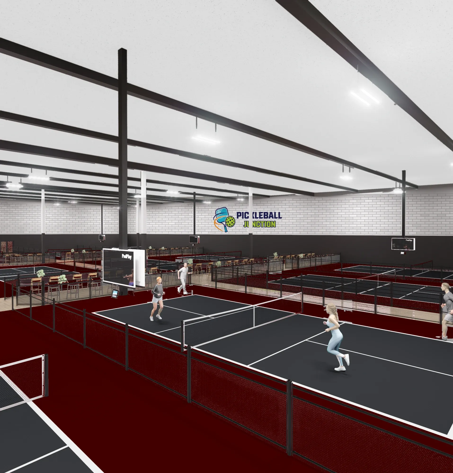 Rendering of players mid-game on Pickleball Junction's indoor courts