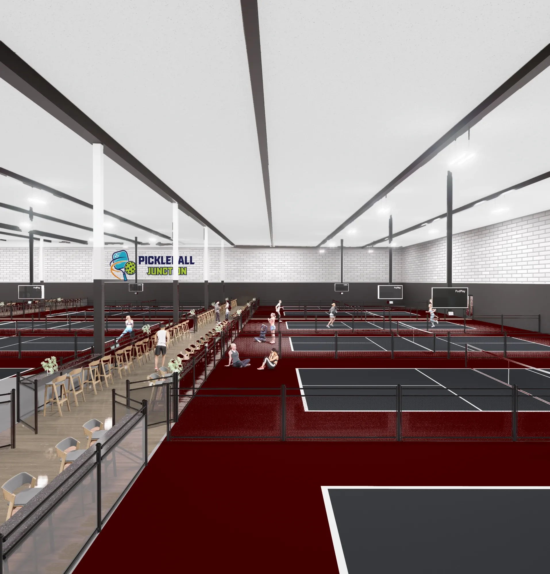 Rendering of Pickleball Junction's indoor courts and courtside seating