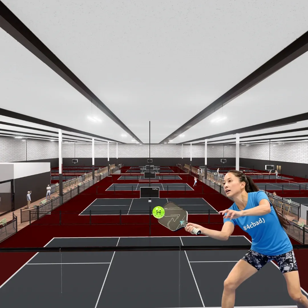 Rendering of a player hitting a forehand on Pickleball Junction's indoor courts